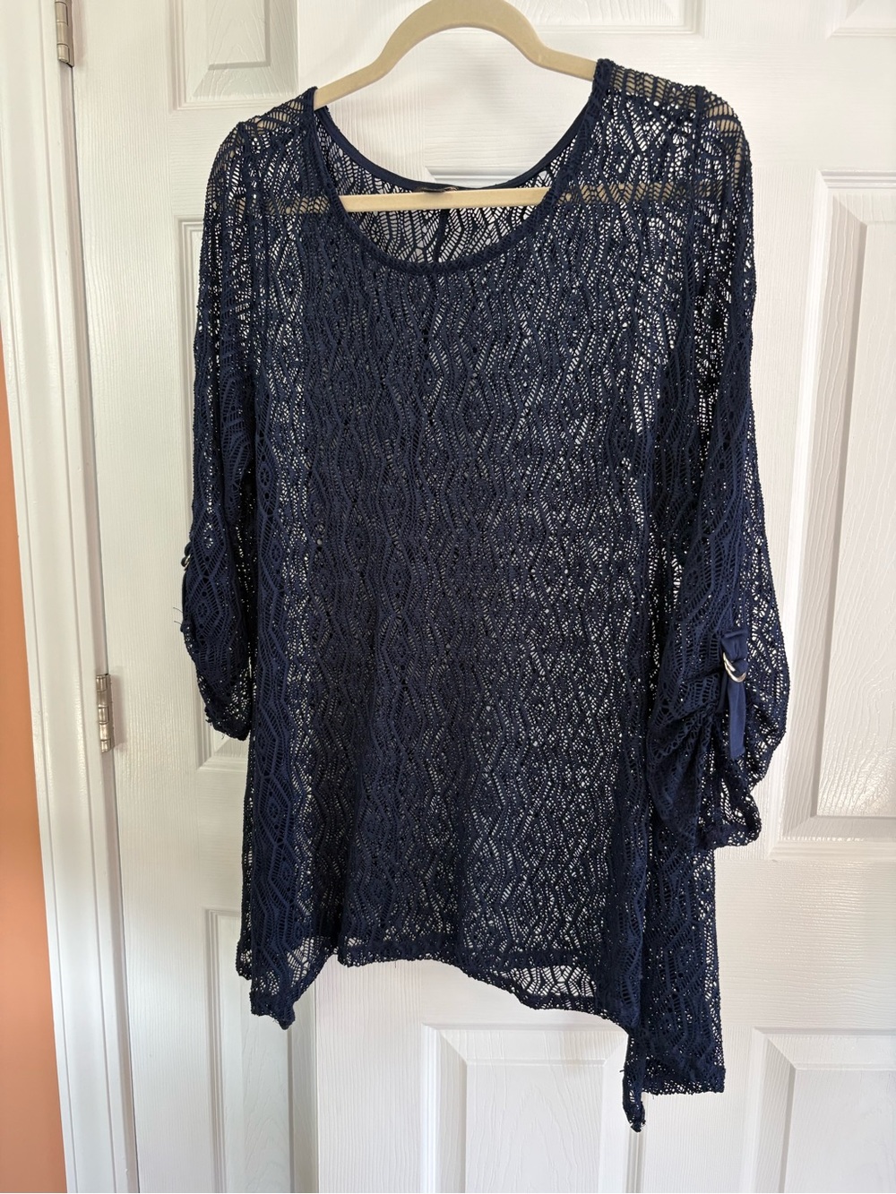 Crochet Lace Roll-Tab Tunic in Navy
